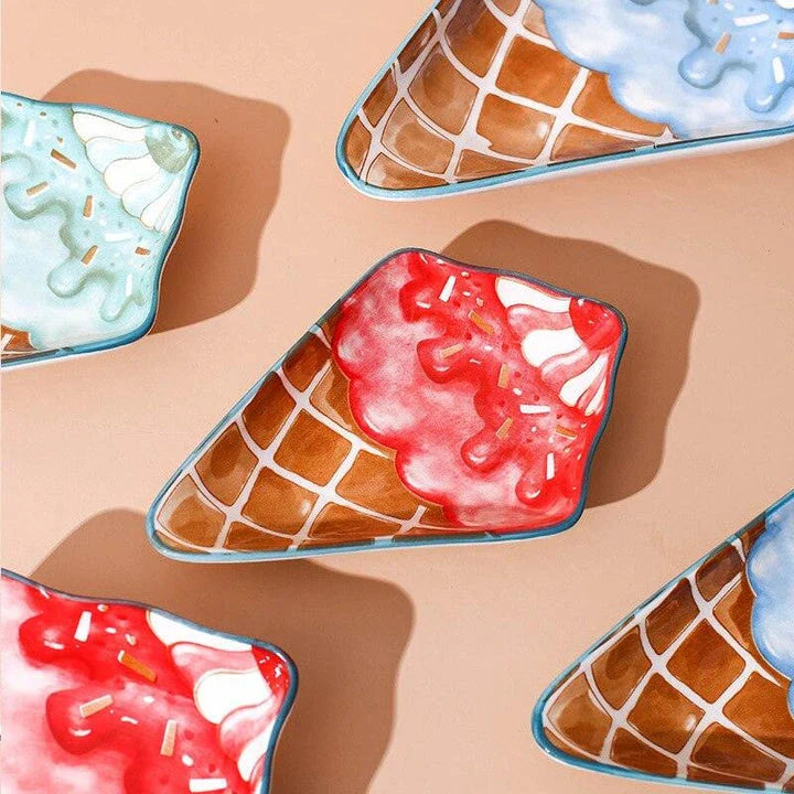Whimsical ice cream shaped ceramic plate in red and blue colours, available in small and large sizes