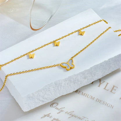 Chic stainless steel double-layer butterfly anklet with adjustable chain and metallic finish