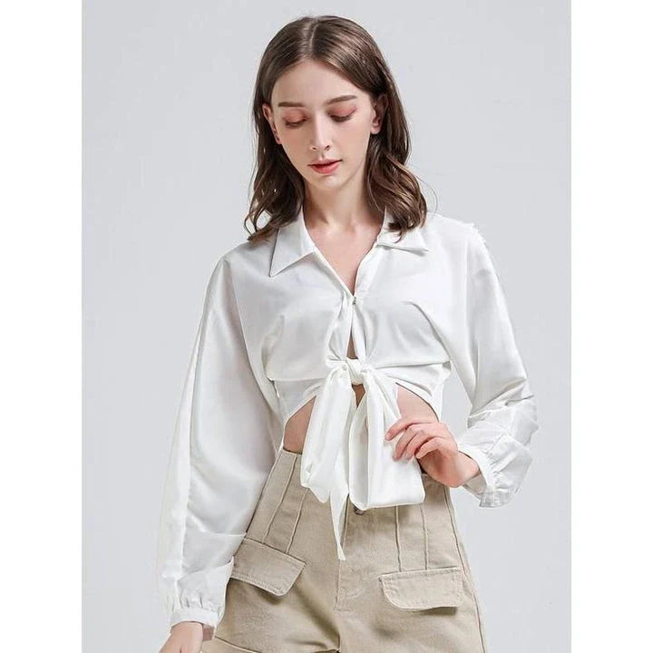 Elegant Vintage V-Neck Long Sleeve Crop Blouse in White - A stylish and comfortable wardrobe essential for the fashion-forward British woman.