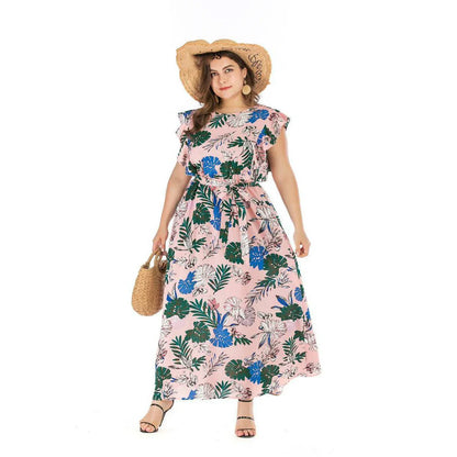 Bohemian-style summer dress in pink with an elastic waist and flowing swing skirt, available in plus sizes 3XL and 4XL