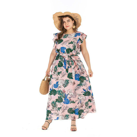 Bohemian-style summer dress in pink with an elastic waist and flowing swing skirt, available in plus sizes 3XL and 4XL