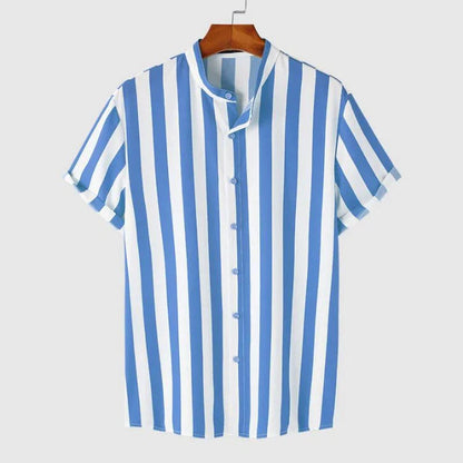 A stylish men's casual shirt with a stand collar and short sleeves, featuring a vibrant floral pattern and a slim-fit silhouette.
