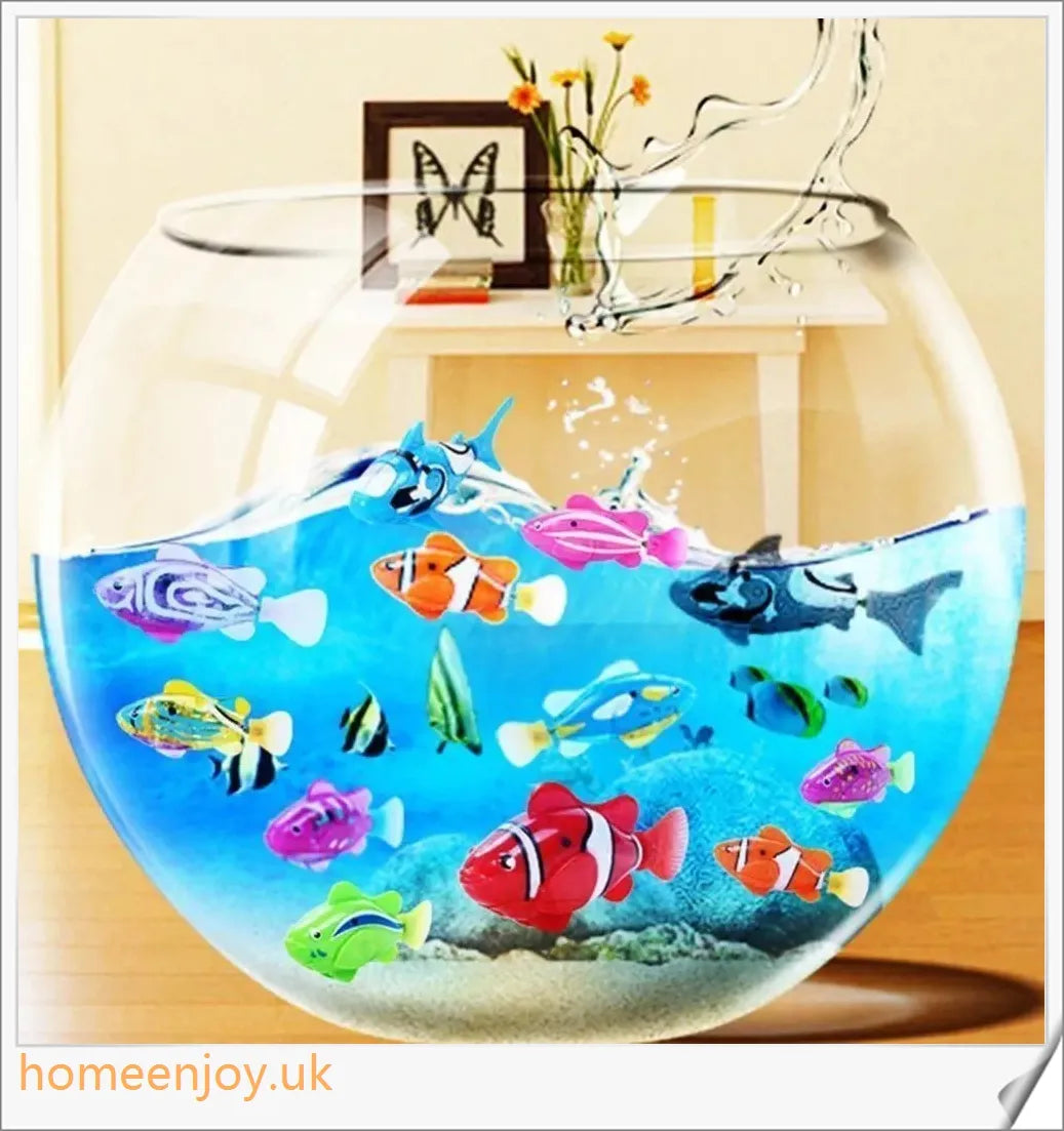 Electric robotic fish swimming in a fishbowl, mimicking the natural movements of a real fish