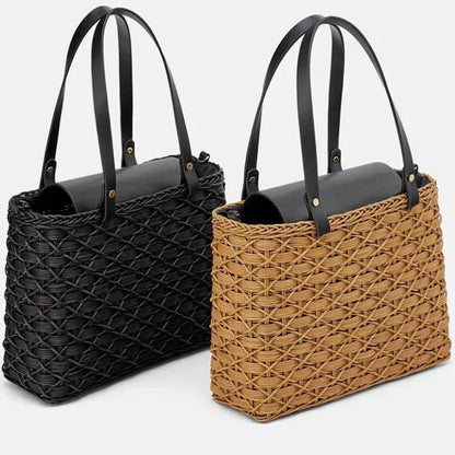 Handwoven rattan handbag in black with a sleek, elegant design for effortless style and practicality