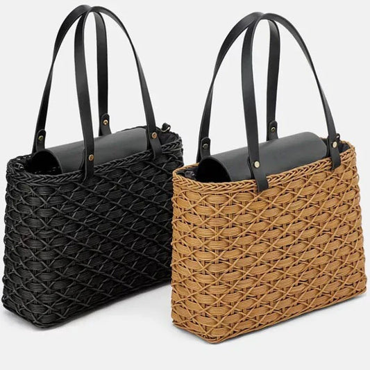 Handwoven rattan handbag in black with a sleek, elegant design for effortless style and practicality