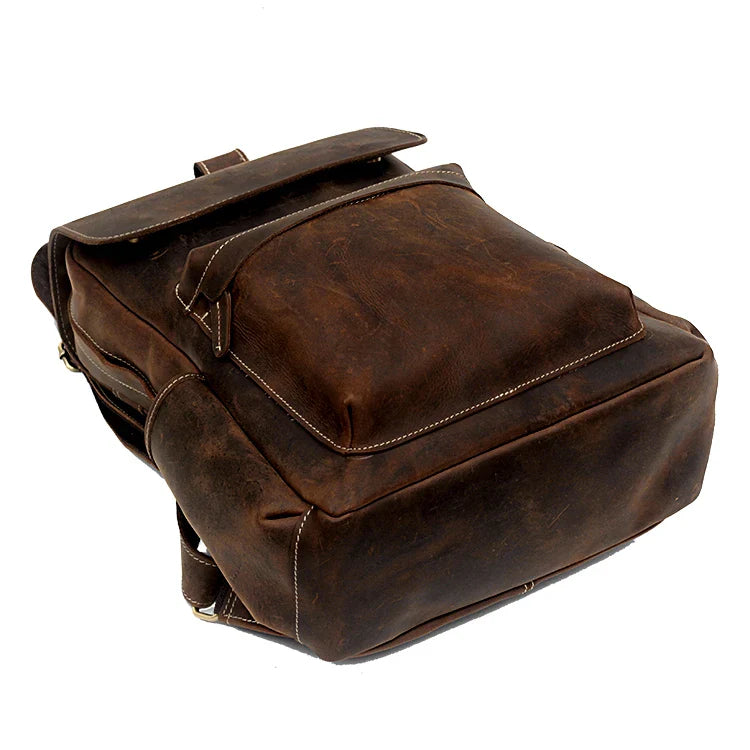 Premium Crazy Horse Leather Backpack with Retro Korean-inspired Design, Featuring Durable Canvas Lining and Ample Storage for 15-inch Laptops