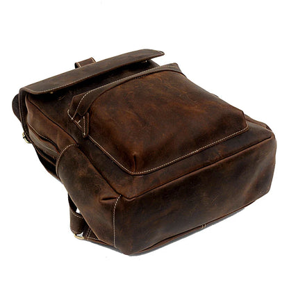 Premium Crazy Horse Leather Backpack with Retro Korean-inspired Design, Featuring Durable Canvas Lining and Ample Storage for 15-inch Laptops