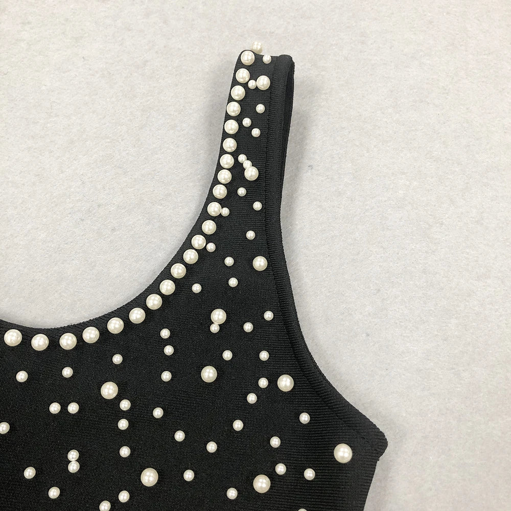 Elegant slim-fit beaded floral dress in black colour