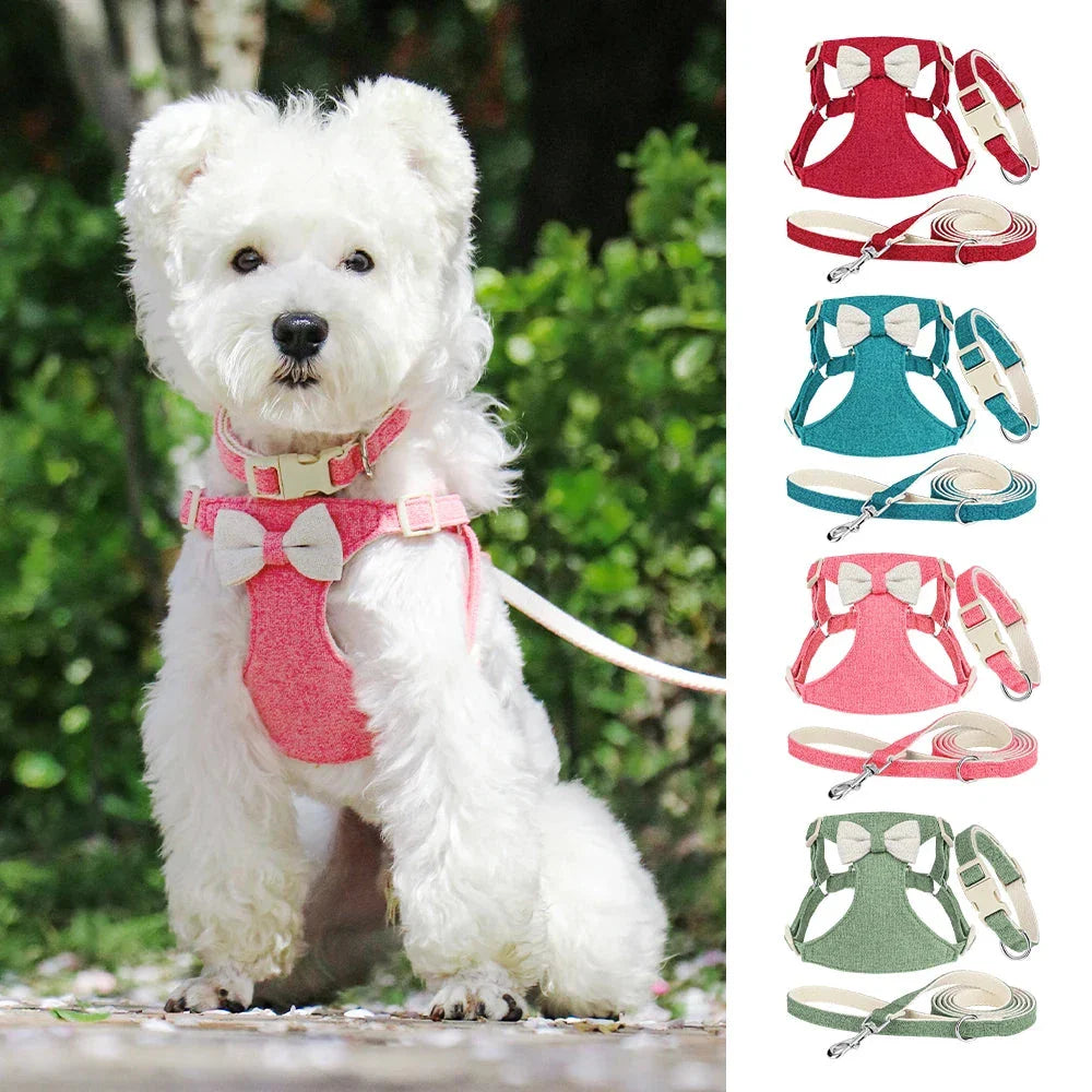 Charming quick-release dog collar, harness and lead set with adorable bow, available in various colours and sizes