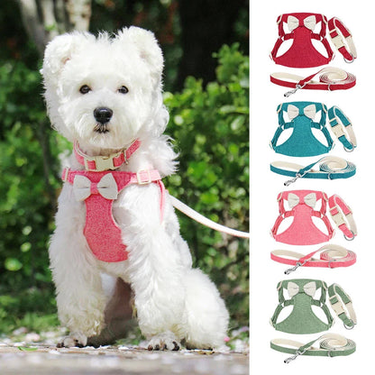 Charming quick-release dog collar, harness and lead set with adorable bow, available in various colours and sizes
