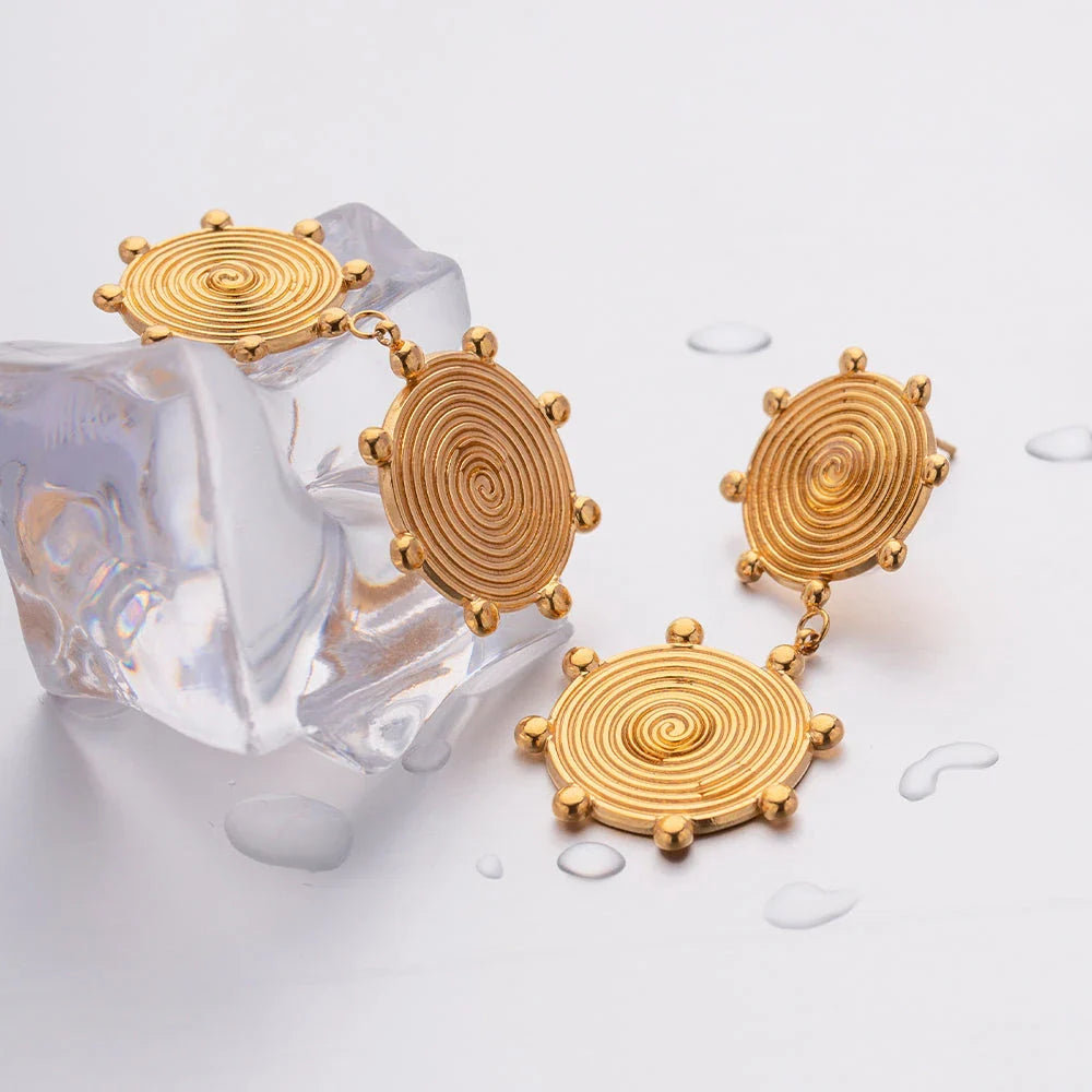 Elegant palace-style retro stainless steel earrings with 18k gold plating, featuring a textured disc design
