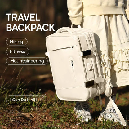 Expandable travel laptop backpack with multiple compartments and water-resistant nylon construction
