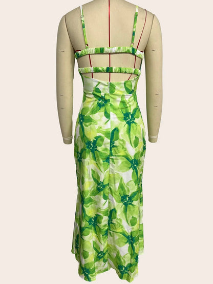 Elegant floral midi dress with backless design, available in yellow, purple, and green colours