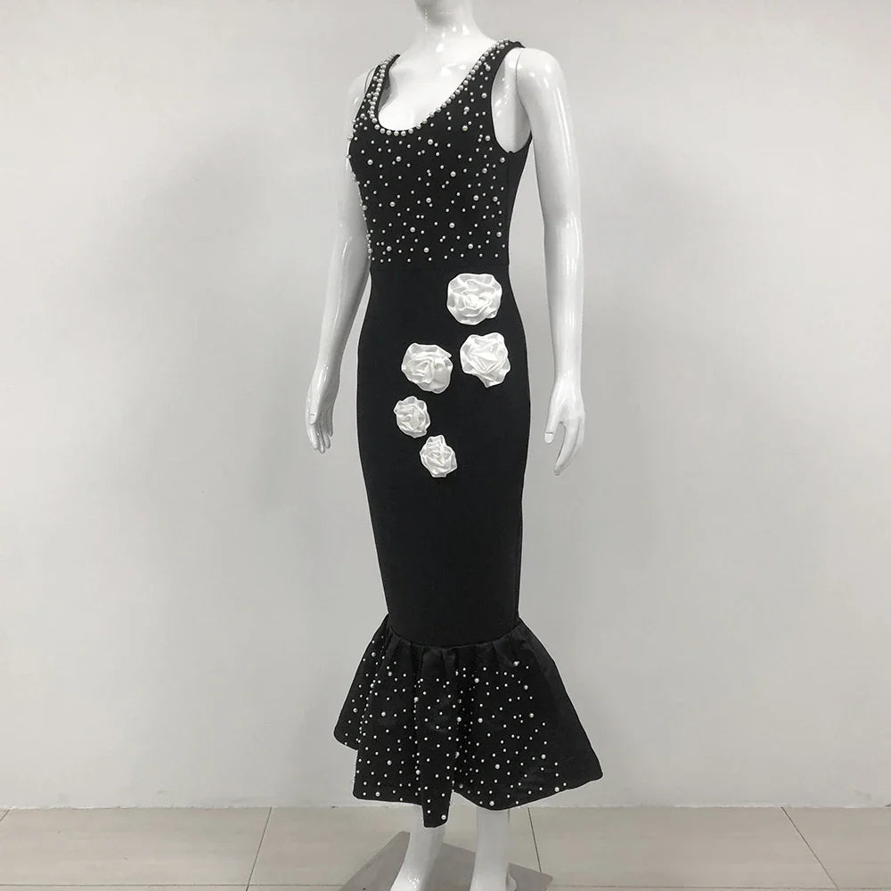 Elegant slim-fit beaded floral dress in black colour