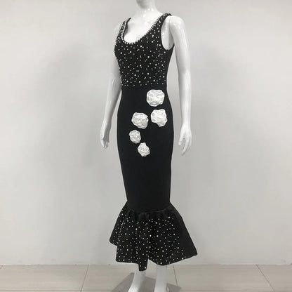 Elegant slim-fit beaded floral dress in black colour