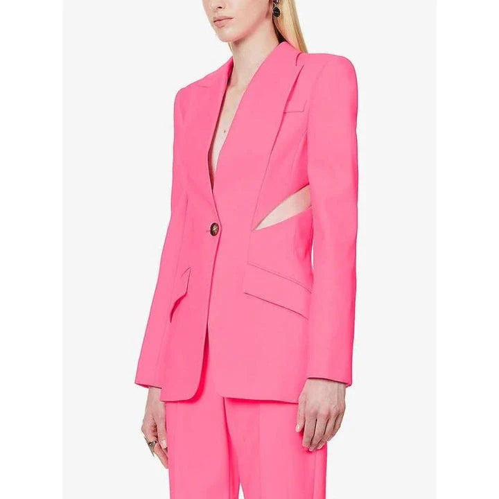 Elegant hollow-out two-piece blazer and trousers set for women, featuring a stylish design, premium materials, and a flattering fit.