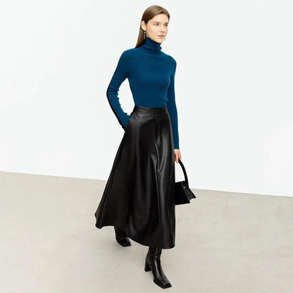 Elegant autumn ankle-length a-line leather midi skirt for women in black colour