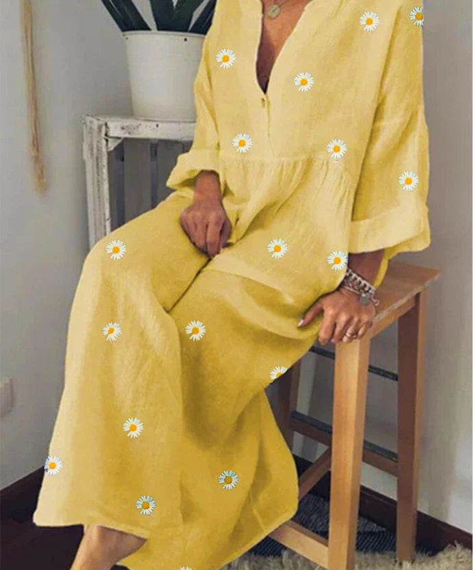 Homeenjoy UK Elegant Daisy Print Loose Dress with Long Sleeves