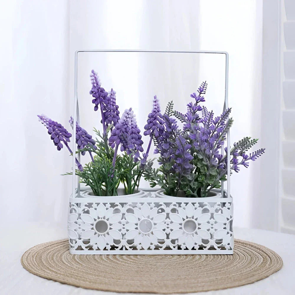 Artificial lavender floral arrangement in an iron basket, creating a rustic and elegant home decor piece