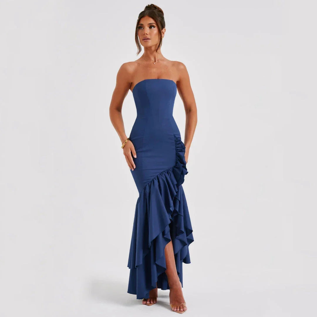 Captivating blue ruffled long dress with asymmetrical design and strapless neckline for elegant evening events