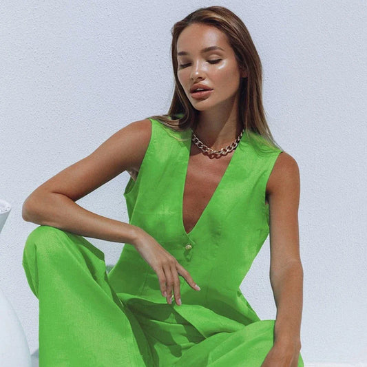 Elegant 2-piece cotton linen vest outfit with high waist wide leg trousers for modern professional women