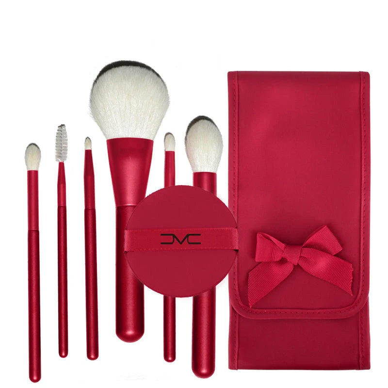 Premium 6-Piece Natural Goat Hair Makeup Brush Set with Red-Coated Solid Wood Handles, Nylon Pouch, and Air Puff