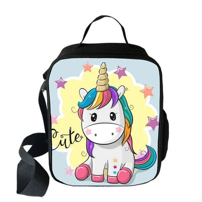 Cartoon unicorn printed lunch bag for children, featuring a vibrant design and durable polyester construction