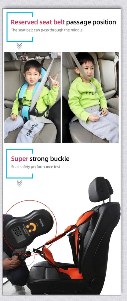 Adjustable infant car seat cushion with 5-point harness, plush padding, and foldable design for safe and comfortable travel with children