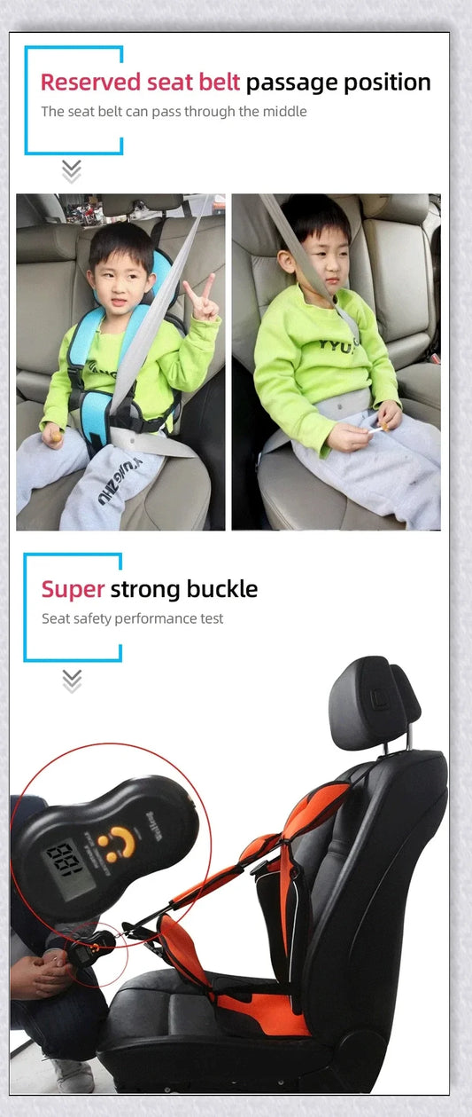 Adjustable infant car seat cushion with 5-point harness, plush padding, and foldable design for safe and comfortable travel with children