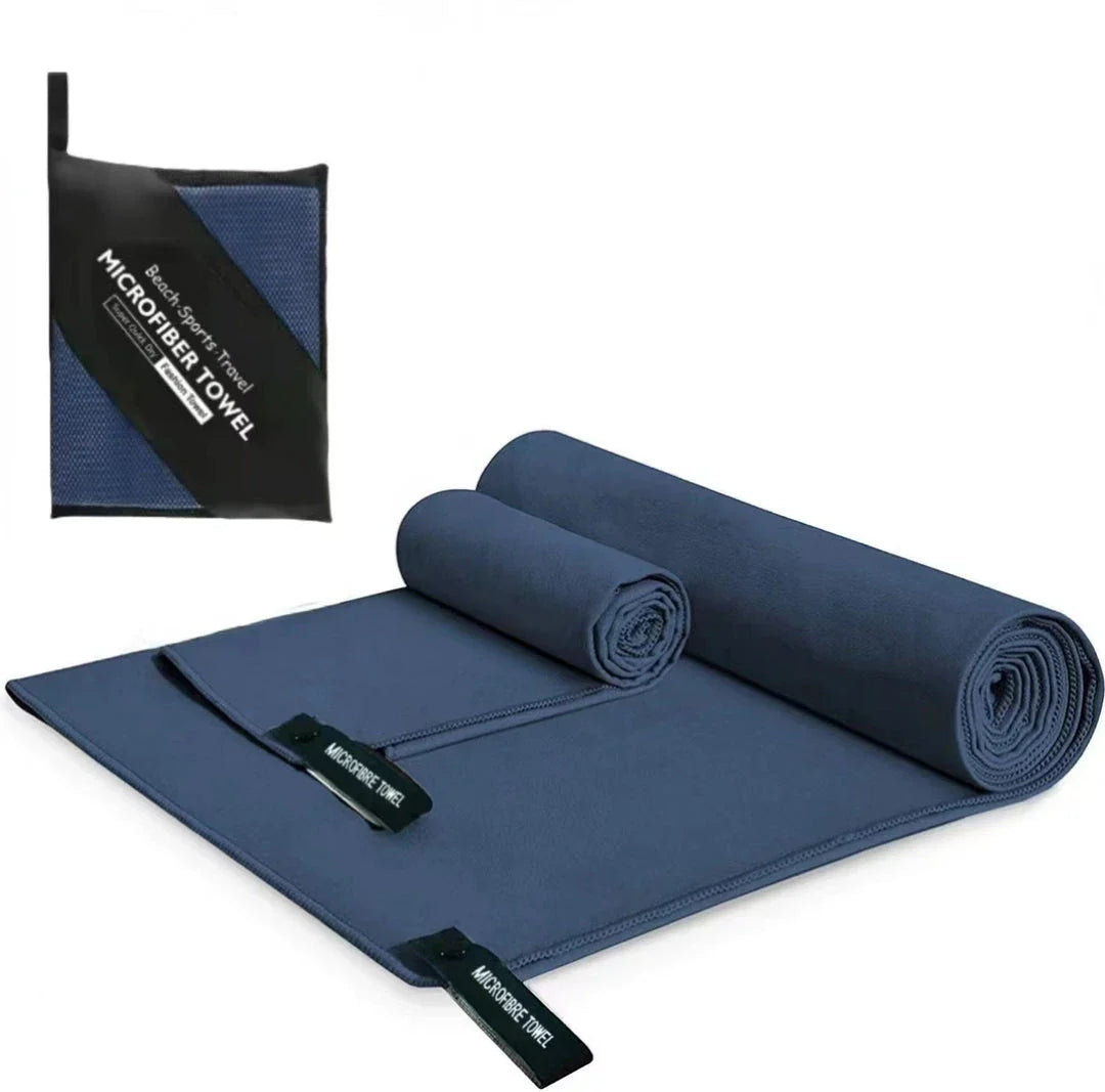 Premium quick-dry microfibre sports towel in various sizes, perfect for gym, yoga, swimming, camping, and beach activities