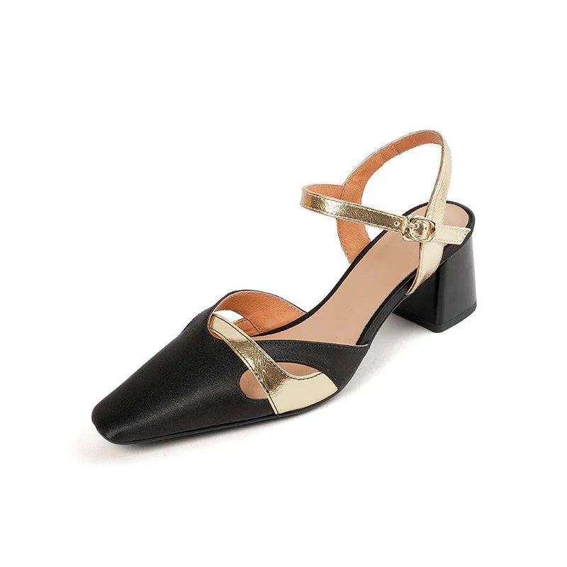 Elegant green high heel sandals with ankle strap, showcasing a sophisticated square heel design and premium materials