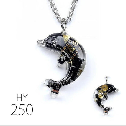 Steampunk-inspired dolphin pendant necklace with electronic components and brass accents