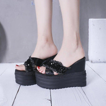 Rhinestone-embellished platform sandals with super high wedge heel and sponge cake sole