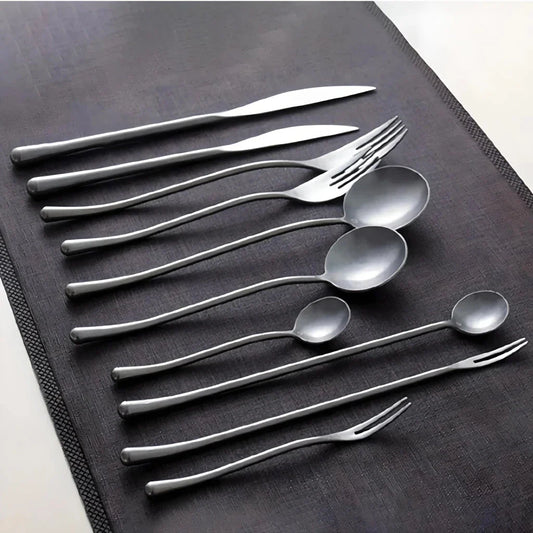 Elegant retro stainless steel cutlery set with sleek silver finish and solid pattern for sophisticated British dining