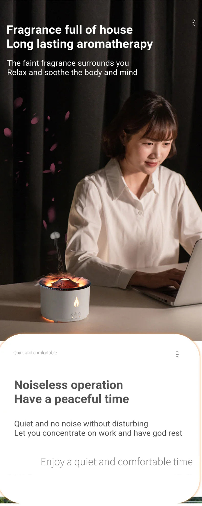 Elegant ultrasonic essential oil humidifier with flame and jellyfish-inspired lighting effects for relaxing ambiance