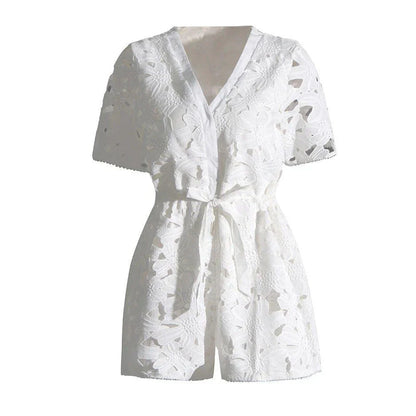 Elegant embroidered playsuit with hollow-out details, perfect for British summer style