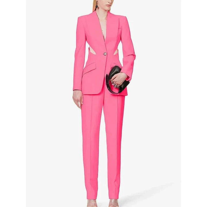 Elegant hollow-out two-piece blazer and trousers set for women, featuring a stylish design, premium materials, and a flattering fit.