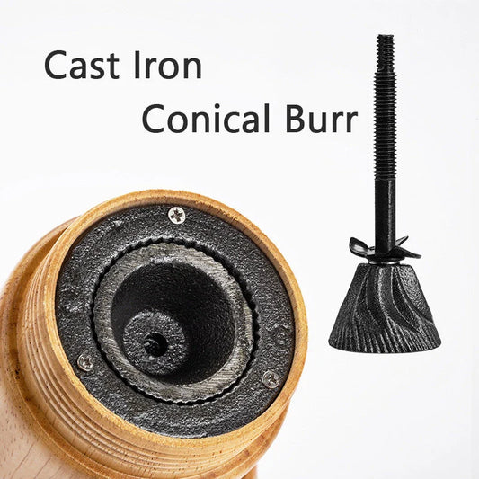 Elegant wooden manual coffee grinder with steel conical burr for consistent, flawless grinding