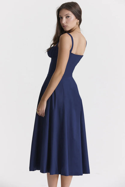 A stylish suspender dress made of premium polyester with a French high-split design, available in a range of vibrant solid colours for versatile summer wear.