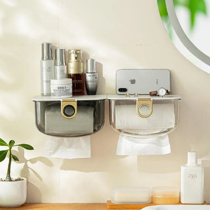 Trendha Modern Wall-Mounted Tissue Box and Storage Dispenser in grey, featuring a sleek and stylish design for bathroom or kitchen organisation.