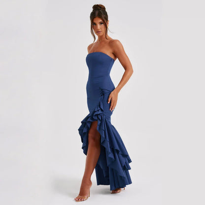 Captivating blue ruffled long dress with asymmetrical design and strapless neckline for elegant evening events