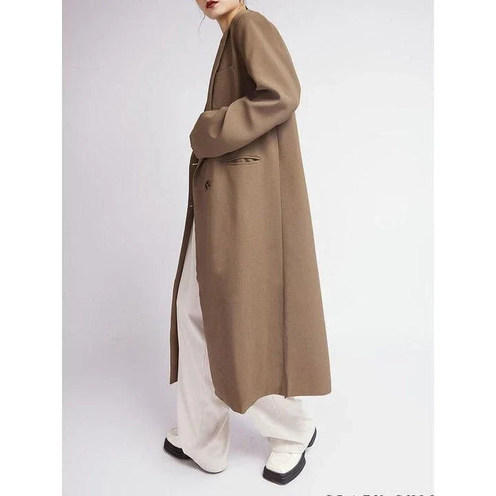 Elegant double-breasted coffee trench coat for women, featuring a wide-waisted design, turn-down collar, and full-length sleeves for a flattering and functional look.