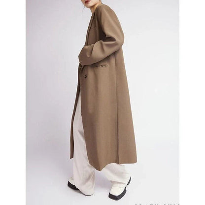 Elegant double-breasted coffee trench coat for women, featuring a wide-waisted design, turn-down collar, and full-length sleeves for a flattering and functional look.