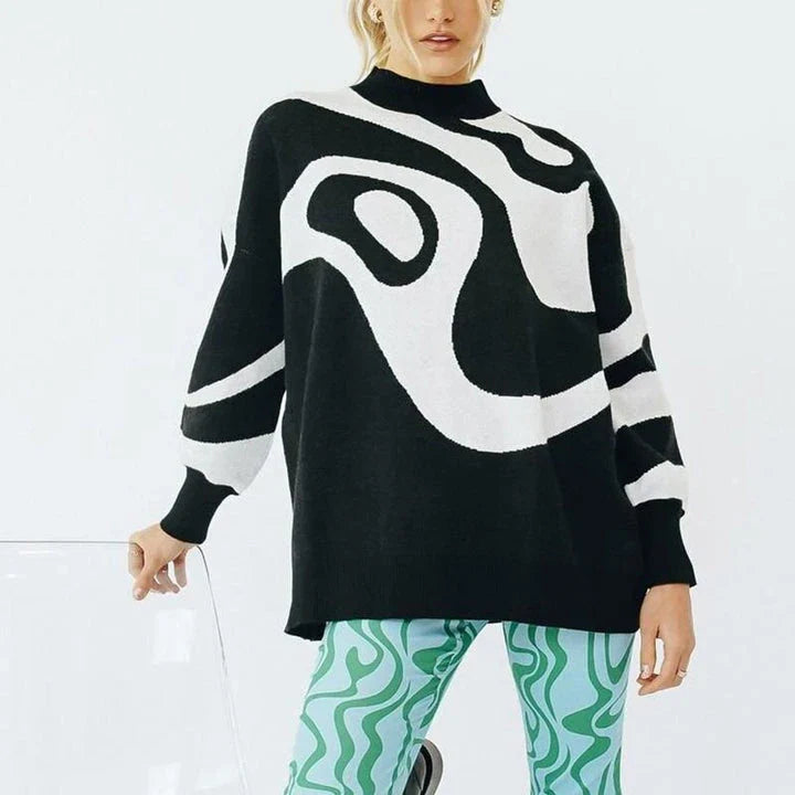 Chic striped turtleneck oversized jumper for women in black colour, featuring a relaxed fit and stylish pattern