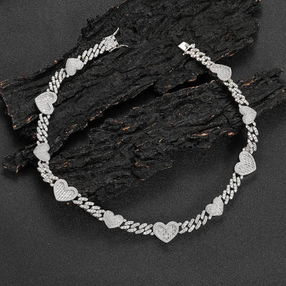 Platinum Cuban Link Chain Necklace with Zircon Mosaic Inlay, Offering Sophisticated Style and Lasting Durability
