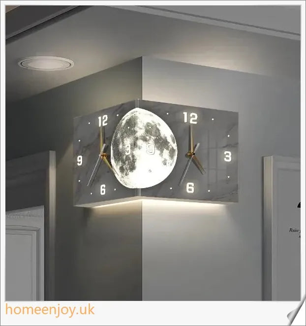 Elegant double-sided corner wall clock with acrylic construction and aluminium hands, providing a modern and minimalist aesthetic for British homes.
