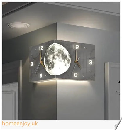 Elegant double-sided corner wall clock with acrylic construction and aluminium hands, providing a modern and minimalist aesthetic for British homes.