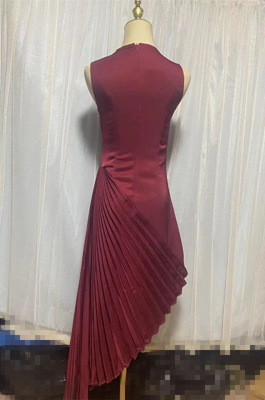 Elegant asymmetric dress in wine red and milky white with a half turtleneck design, perfect for autumn and winter wear.