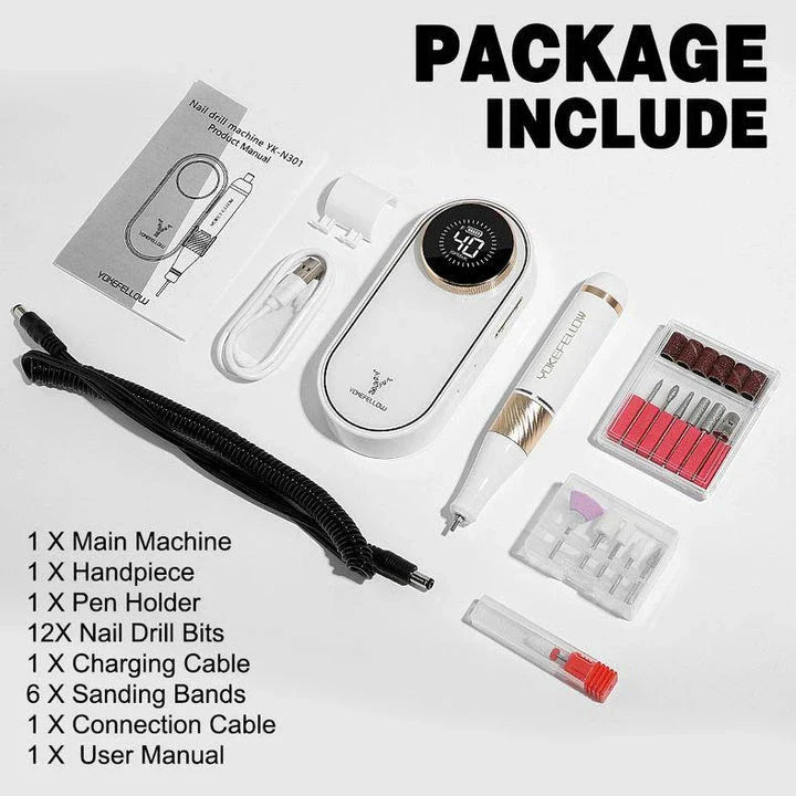 Cordless electric nail drill with 40,000 RPM motor, rechargeable battery, and HD display for professional-quality nail care
