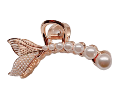 Elegant gold-toned mermaid tail hair clips with faux pearls, a unique and enchanting accessory for coastal enthusiasts
